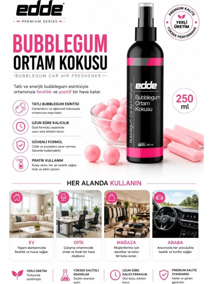 Edde Bubblegum Kokulu Ferah Kalıcı Araba Araç Oto Kokusu Araç Içi Kokuları 250 ml Oto Parfümü Oto Detailing