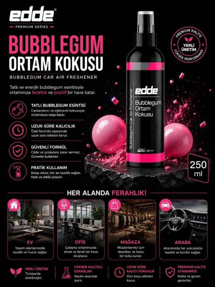 Edde Bubblegum Kokulu Ferah Kalıcı Araba Araç Oto Kokusu Araç Içi Kokuları 250 ml Oto Parfümü Oto Detailing