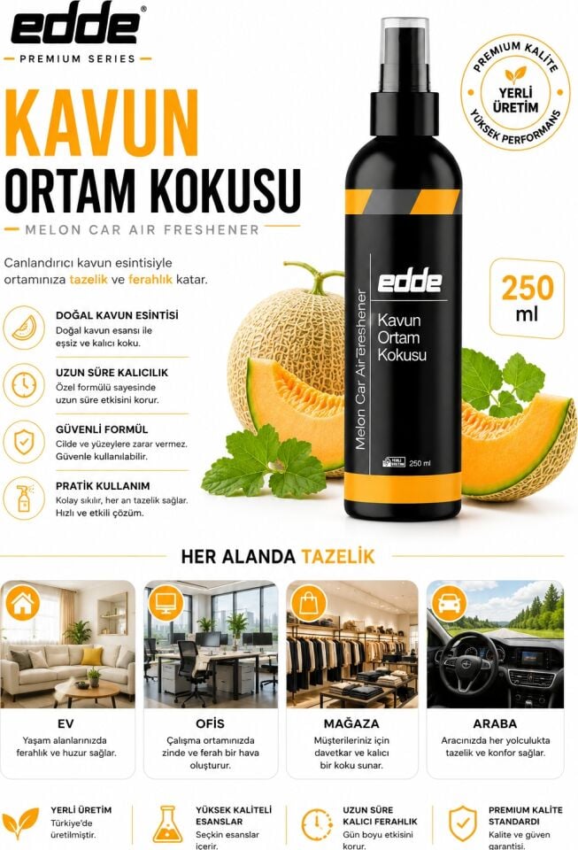 Edde Kavun Kokulu Ferah Kalıcı Araba Araç Oto Kokusu Araç Içi Kokuları 250 ml Oto Parfümü Oto Detailing