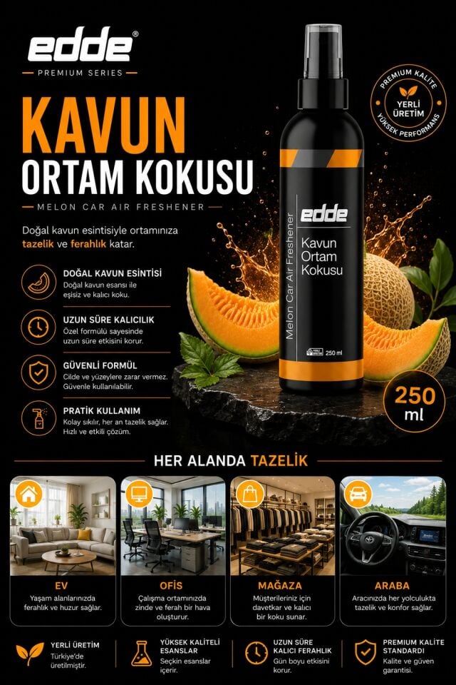 Edde Kavun Kokulu Ferah Kalıcı Araba Araç Oto Kokusu Araç Içi Kokuları 250 ml Oto Parfümü Oto Detailing