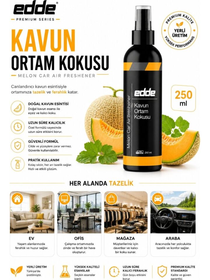 Edde Kavun Kokulu Ferah Kalıcı Araba Araç Oto Kokusu Araç Içi Kokuları 250 ml Oto Parfümü Oto Detailing