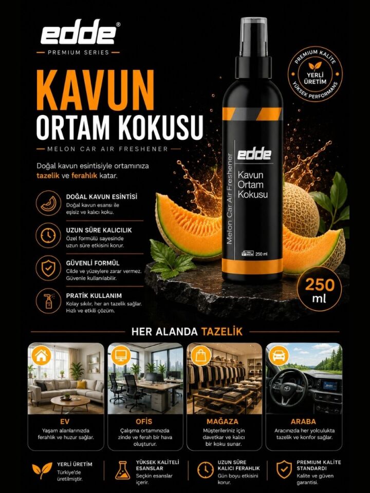 Edde Kavun Kokulu Ferah Kalıcı Araba Araç Oto Kokusu Araç Içi Kokuları 250 ml Oto Parfümü Oto Detailing