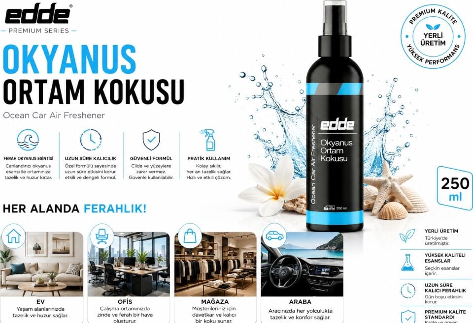 Edde Okyanus Kokulu Ferah Kalıcı Araba Araç Oto Kokusu Araç Içi Kokuları 250 ml Oto Parfümü Oto Detailing