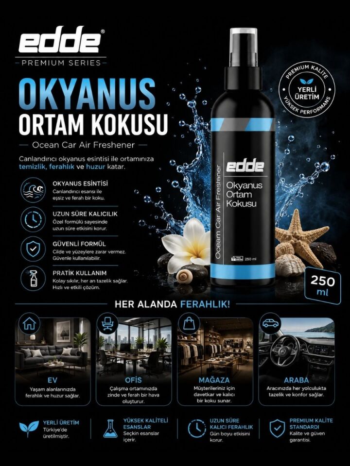 Edde Okyanus Kokulu Ferah Kalıcı Araba Araç Oto Kokusu Araç Içi Kokuları 250 ml Oto Parfümü Oto Detailing