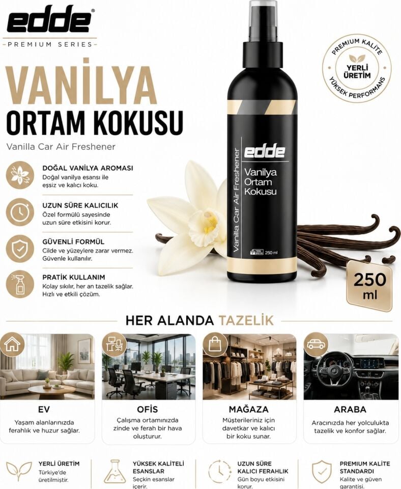 Edde Vanilya Kokulu Ferah Kalıcı Araba Araç Oto Kokusu Araç Içi Kokuları 250 ml Oto Parfümü Oto Detailing