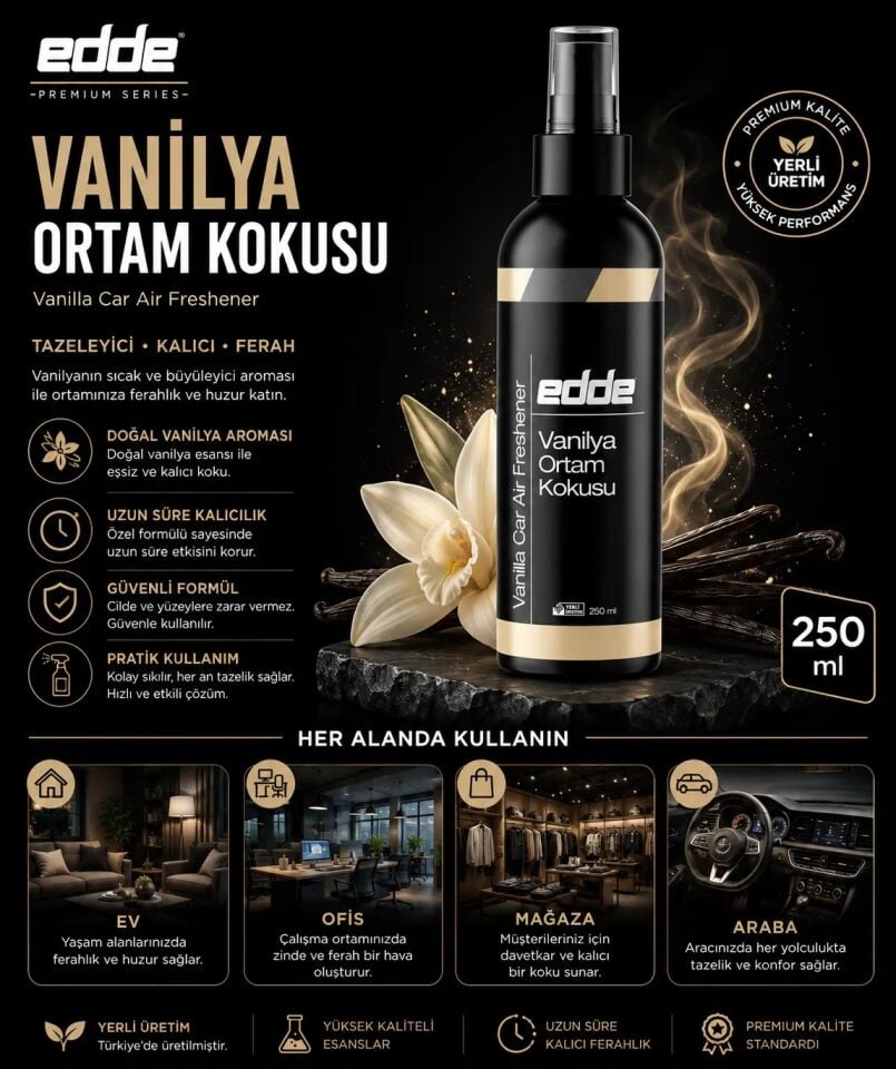 Edde Vanilya Kokulu Ferah Kalıcı Araba Araç Oto Kokusu Araç Içi Kokuları 250 ml Oto Parfümü Oto Detailing