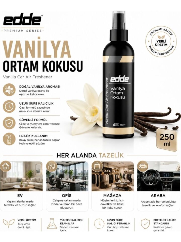 Edde Vanilya Kokulu Ferah Kalıcı Araba Araç Oto Kokusu Araç Içi Kokuları 250 ml Oto Parfümü Oto Detailing