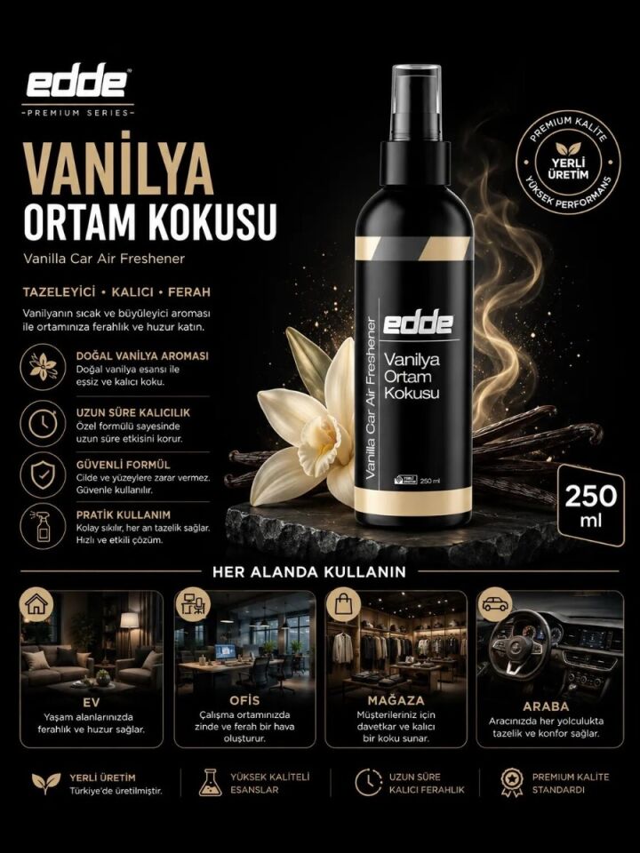 Edde Vanilya Kokulu Ferah Kalıcı Araba Araç Oto Kokusu Araç Içi Kokuları 250 ml Oto Parfümü Oto Detailing