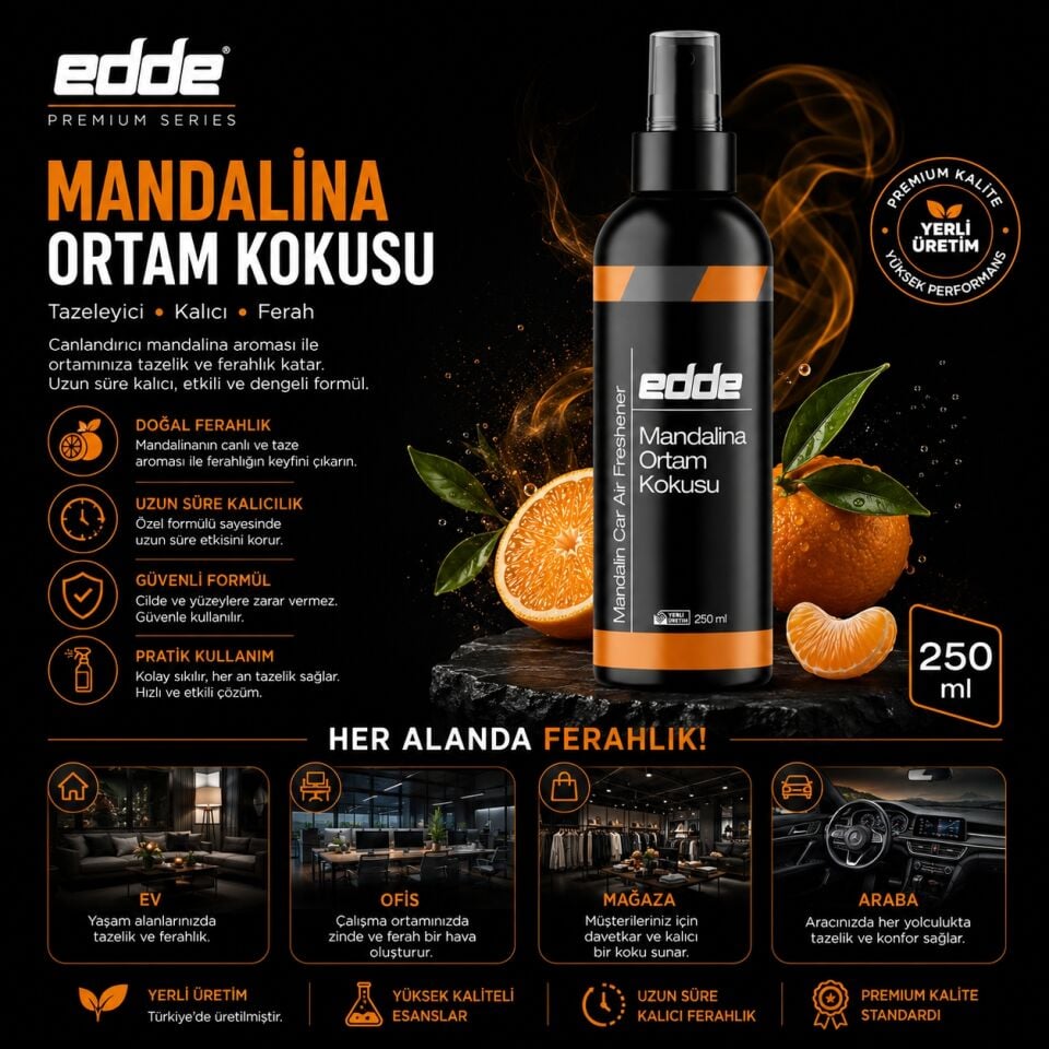 Edde Mandalina Kokulu Araba Araç Oto Ortam Kokusu Araç Içi Kokuları Oto Parfümü 250 ml Oto Detailing