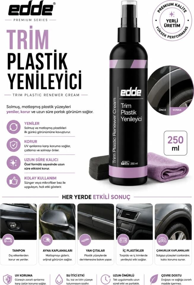 Edde Araba Araç Oto Trim Plastik Aksam Yenileyici Onarıcı Krem Plastik Yenileme Kremi 250 ml Detailing