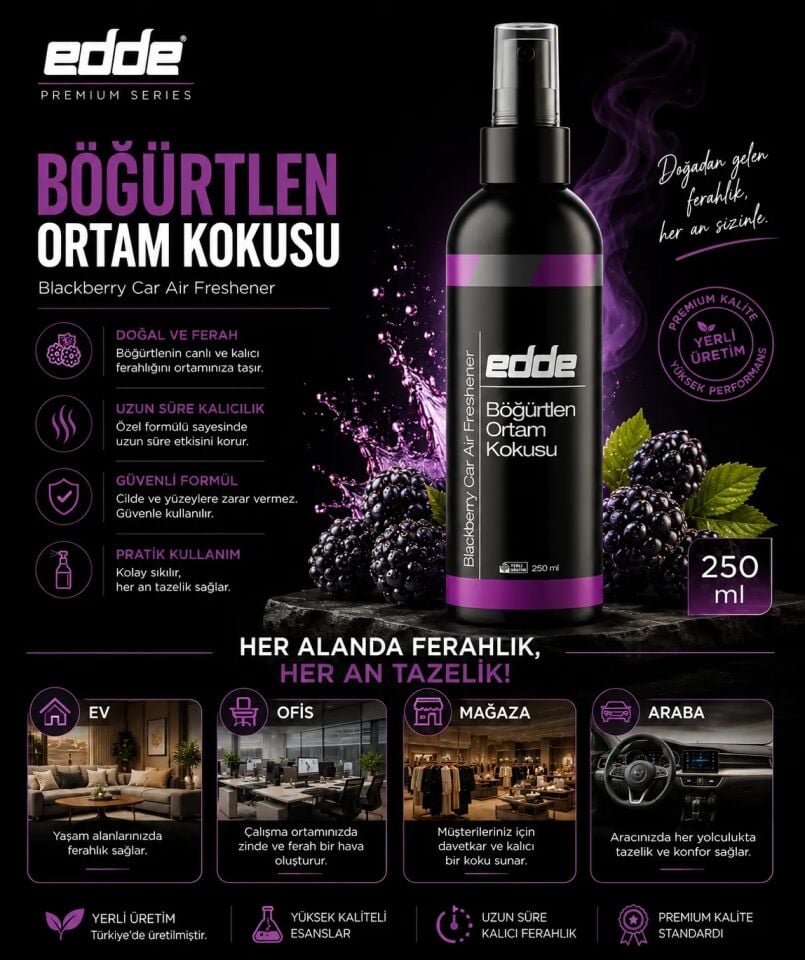 Edde Böğürtlen Kokulu Araba Araç Oto Ortam Kokusu Araç Içi Kokuları Oto Parfümü 250 ml Oto Detailing