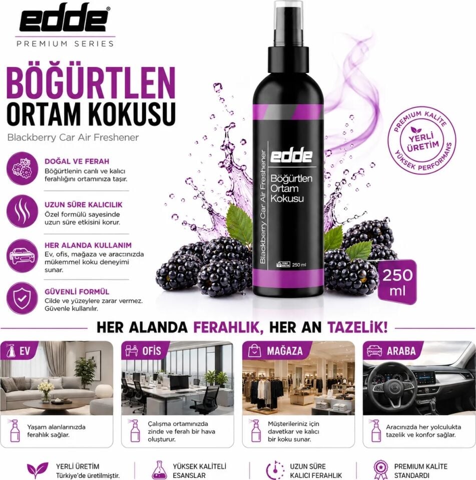 Edde Böğürtlen Kokulu Araba Araç Oto Ortam Kokusu Araç Içi Kokuları Oto Parfümü 250 ml Oto Detailing