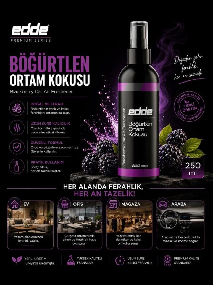 Edde Böğürtlen Kokulu Araba Araç Oto Ortam Kokusu Araç Içi Kokuları Oto Parfümü 250 ml Oto Detailing