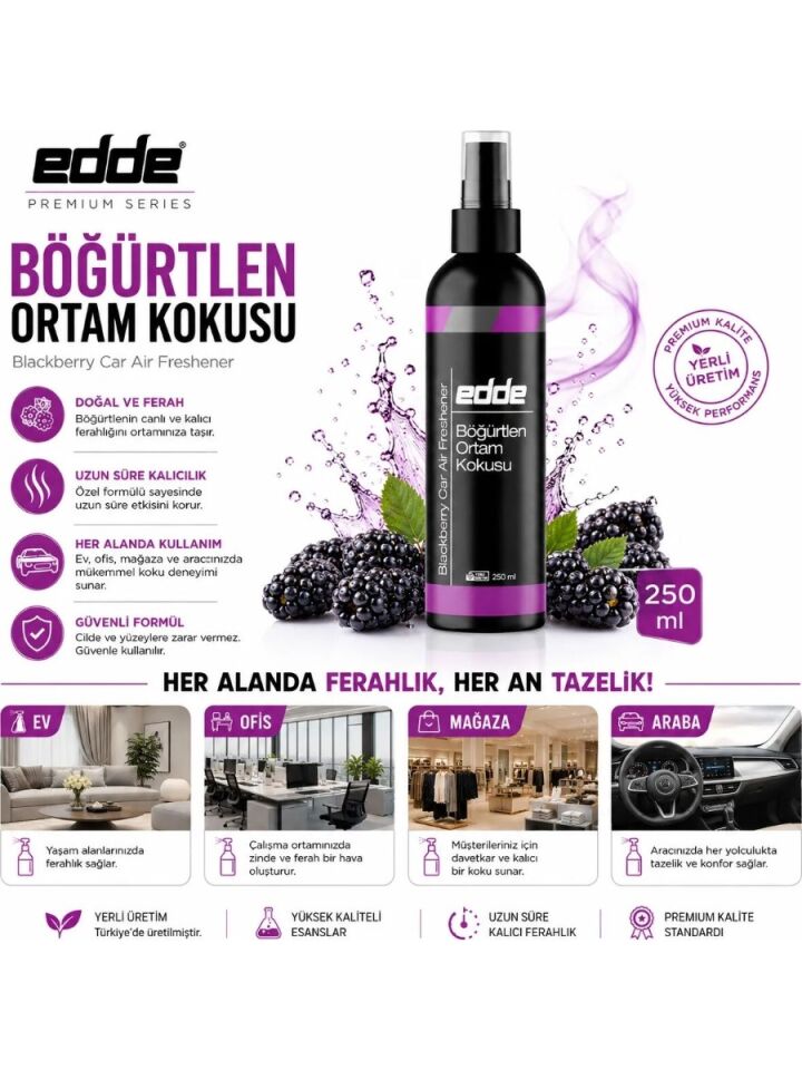 Edde Böğürtlen Kokulu Araba Araç Oto Ortam Kokusu Araç Içi Kokuları Oto Parfümü 250 ml Oto Detailing