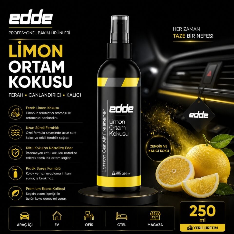 Edde Limon Kokulu Araba Araç Oto Ortam Kokusu Araç Içi Kokuları Oto Parfümü 250 ml Oto Detailing