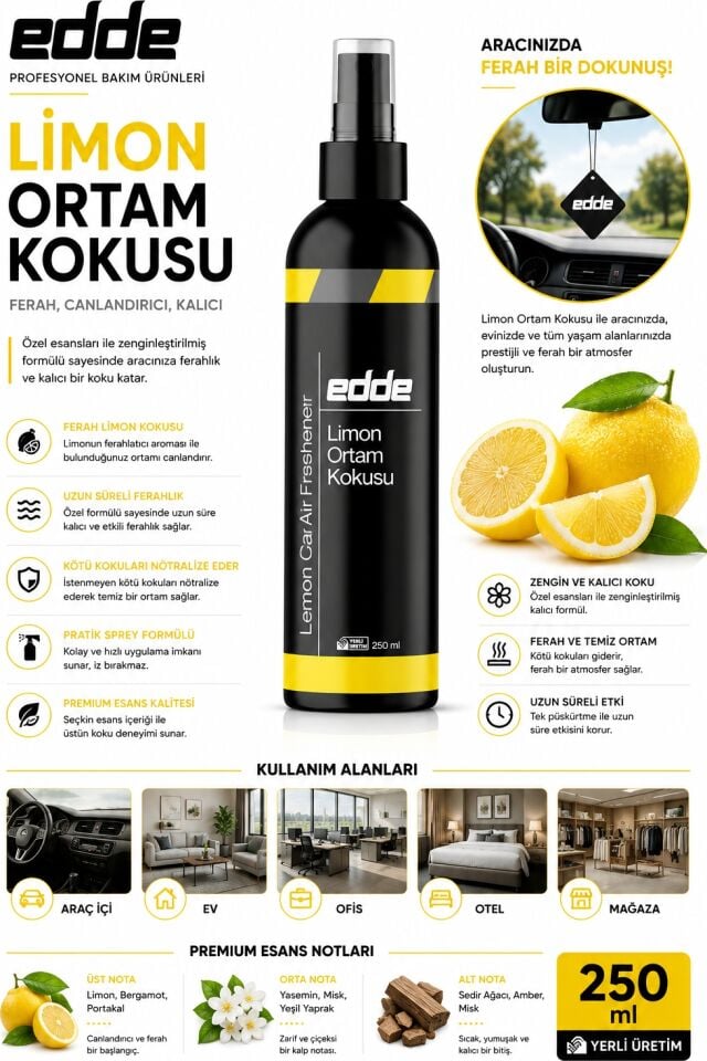 Edde Limon Kokulu Araba Araç Oto Ortam Kokusu Araç Içi Kokuları Oto Parfümü 250 ml Oto Detailing