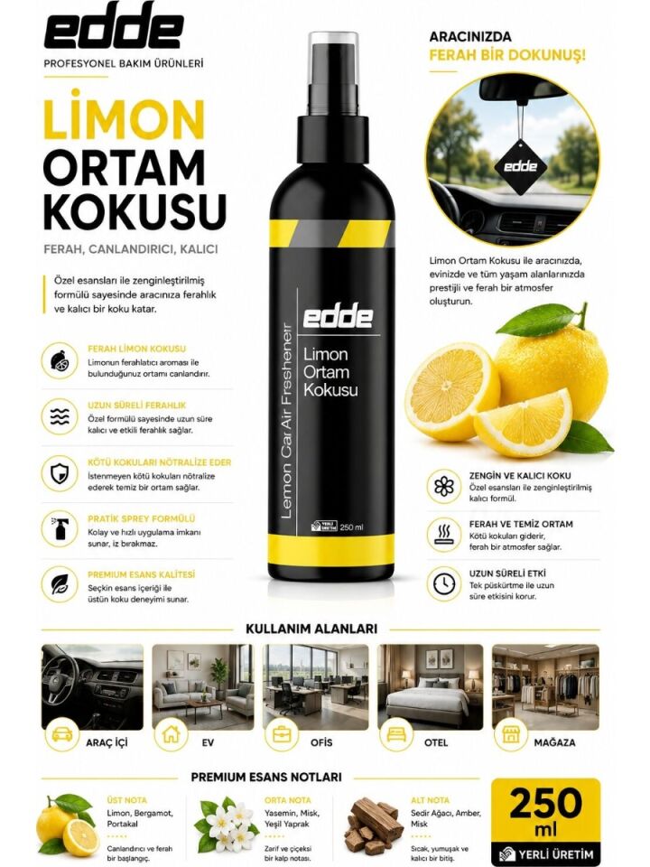 Edde Limon Kokulu Araba Araç Oto Ortam Kokusu Araç Içi Kokuları Oto Parfümü 250 ml Oto Detailing