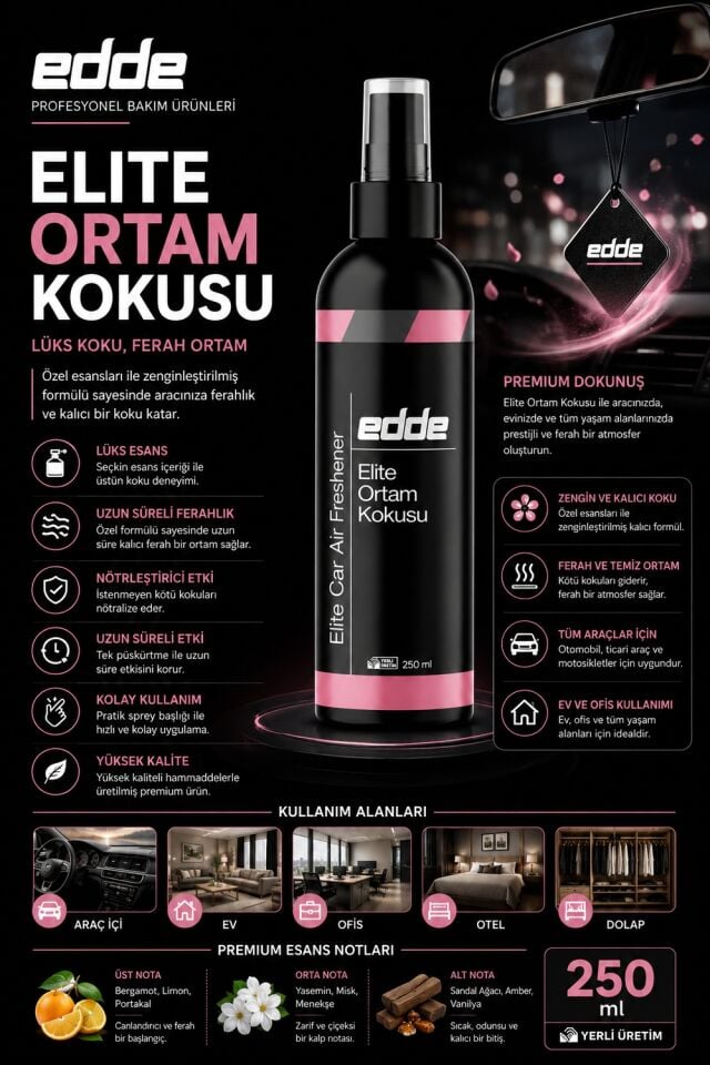 Edde Elite Araba Araç Oto Ortam Kokusu Araç Içi Kokuları Oto Parfümü 250 ml Oto Detailing