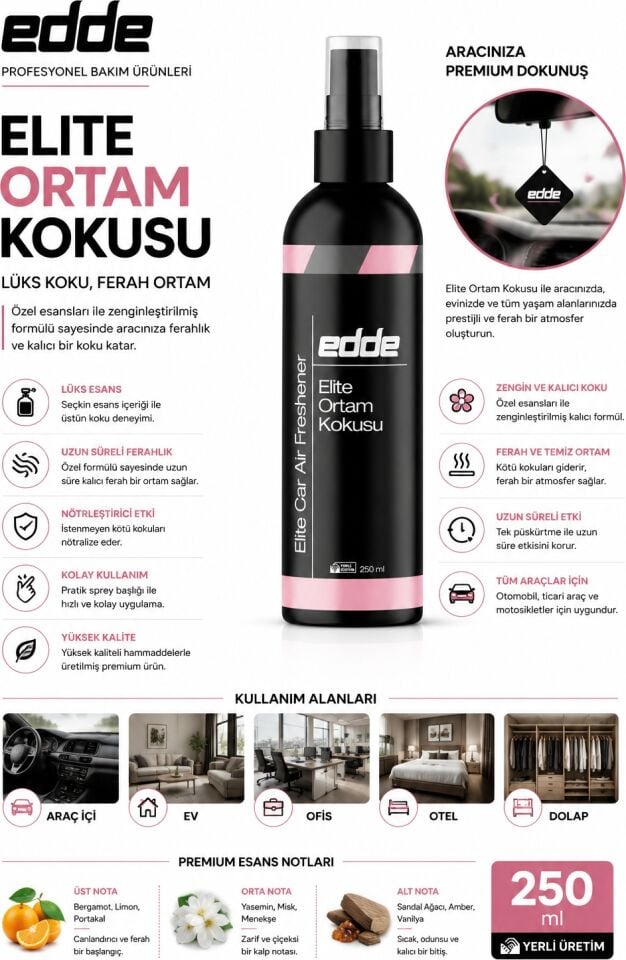 Edde Elite Araba Araç Oto Ortam Kokusu Araç Içi Kokuları Oto Parfümü 250 ml Oto Detailing