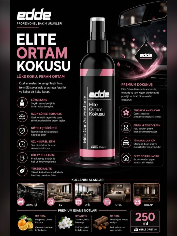 Edde Elite Araba Araç Oto Ortam Kokusu Araç Içi Kokuları Oto Parfümü 250 ml Oto Detailing