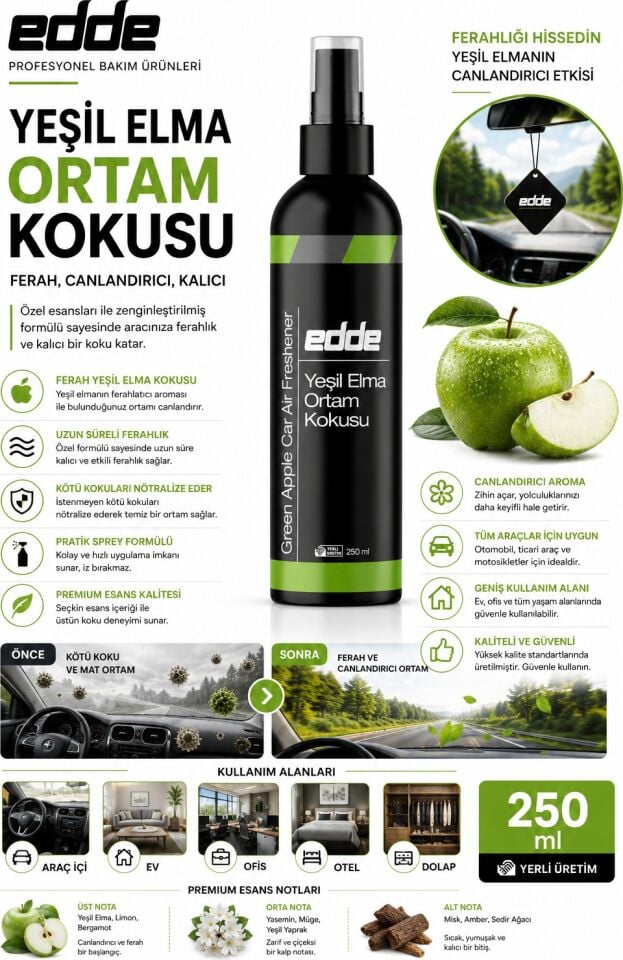 Edde Yeşil Elma Kokulu Araba Araç Oto Ortam Kokusu Araç Içi Kokuları Oto Parfümü 250 ml Oto Detailing
