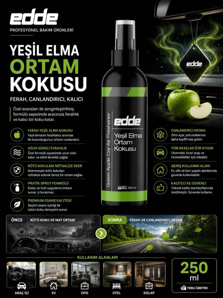 Edde Yeşil Elma Kokulu Araba Araç Oto Ortam Kokusu Araç Içi Kokuları Oto Parfümü 250 ml Oto Detailing