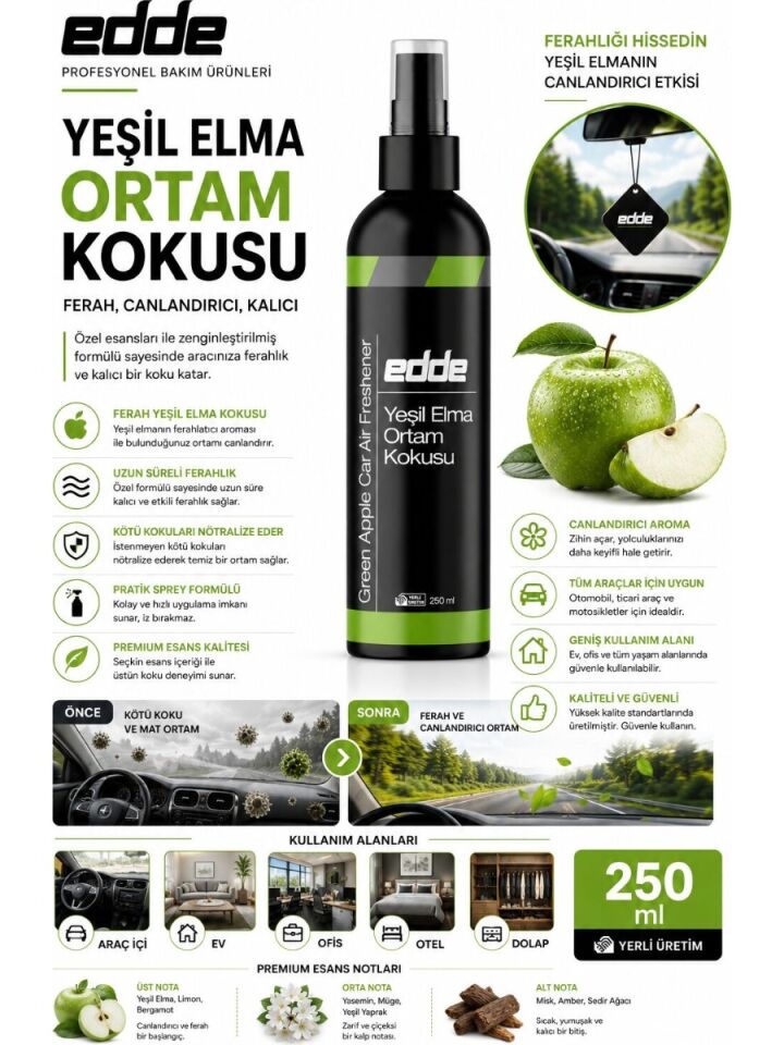 Edde Yeşil Elma Kokulu Araba Araç Oto Ortam Kokusu Araç Içi Kokuları Oto Parfümü 250 ml Oto Detailing