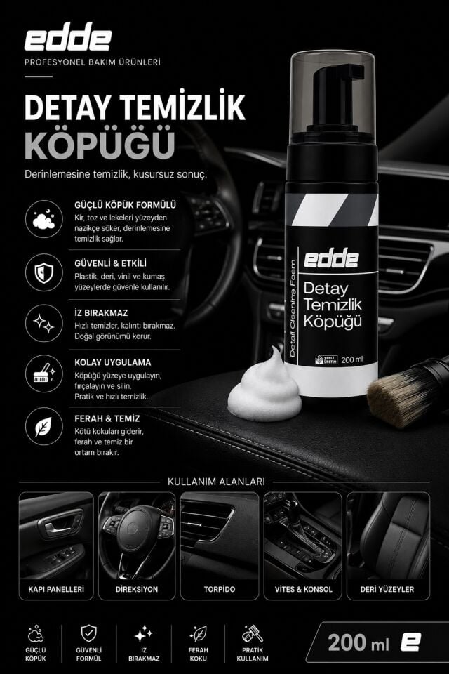 Edde Araba Araç Oto Iç Mekan Detay Temizlik Köpüğü Temizleyici Köpük Araç Içi Temizleme Köpüğü 200 ml