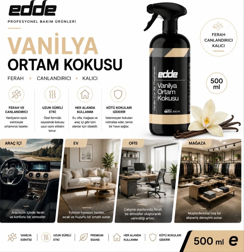 Edde Vanilya Kokulu Araba Araç Oto Ortam Kokusu Araç Içi Kokuları Oto Parfümü 500 ml Oto Detailing