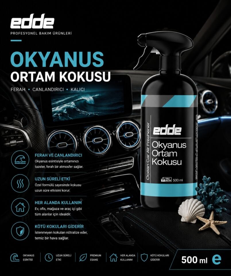 Edde Okyanus Kokulu Araba Araç Oto Ortam Kokusu Araç Içi Kokuları Oto Parfümü 500 ml Oto Detailing