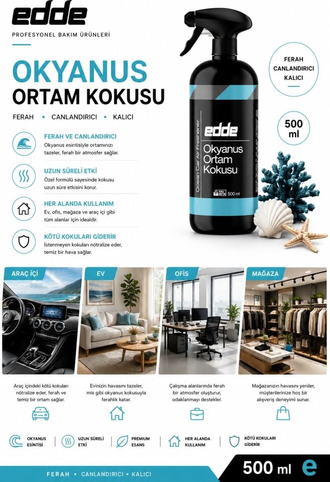 Edde Okyanus Kokulu Araba Araç Oto Ortam Kokusu Araç Içi Kokuları Oto Parfümü 500 ml Oto Detailing