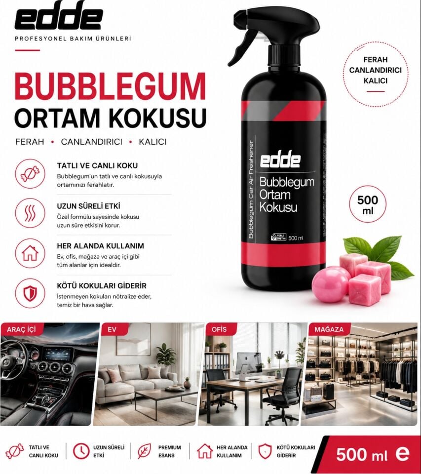 Edde Bubblegum Kokulu Araba Araç Oto Ortam Kokusu Araç Içi Kokuları Oto Parfümü 500 ml Oto Detailing