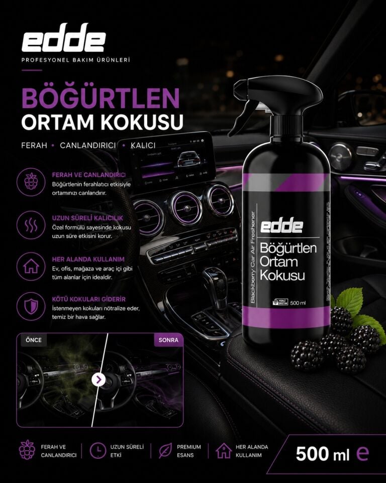 Edde Böğürtlen Kokulu Araba Araç Oto Ortam Kokusu Araç Içi Kokuları Oto Parfümü 500 ml Oto Detailing