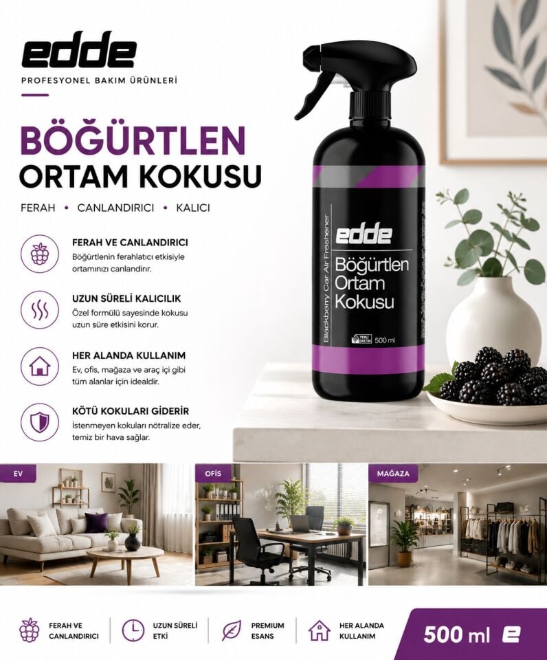 Edde Böğürtlen Kokulu Araba Araç Oto Ortam Kokusu Araç Içi Kokuları Oto Parfümü 500 ml Oto Detailing