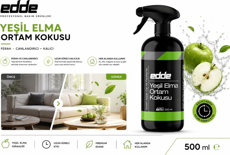 Edde Yeşil Elma Kokulu Araba Araç Oto Ortam Kokusu Araç Içi Kokuları Oto Parfümü 500 ml Oto Detailing