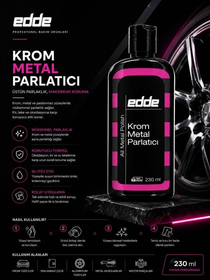 Edde Araba Araç Oto Krom ve Metal Parlatıcı Temizleyici 230ML Oto Detailing