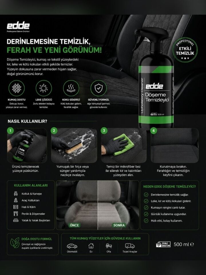 Edde Araba Araç Oto Döşeme Temizleyici Sprey 500ML Oto Detailing