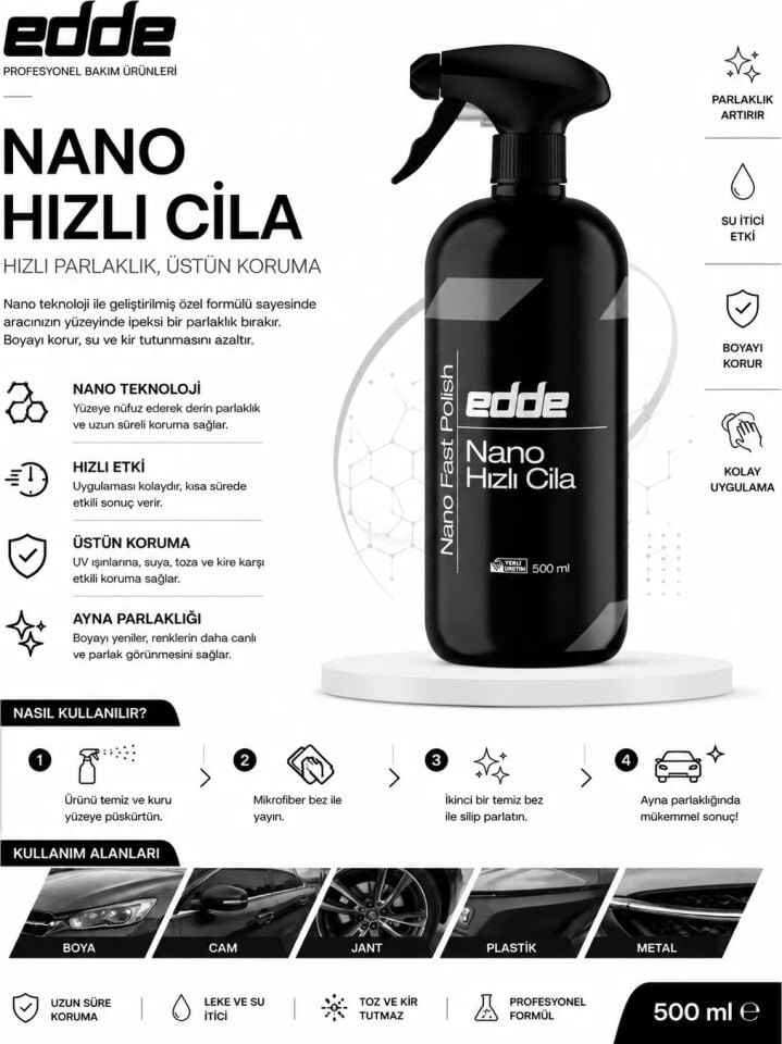 Edde Araba Araç Oto Nano Hızlı Cila 500 Ml Seramik Hızlı Cila Oto Detailing