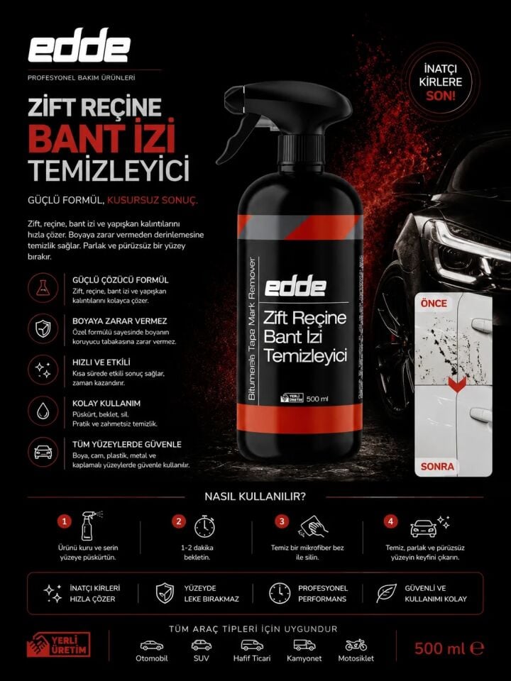 Edde Araba Araç Oto Zift Reçine Böcek Bant İzi Sökücü Temizleyici Temizleme Sprey 500 Ml Oto Detailing