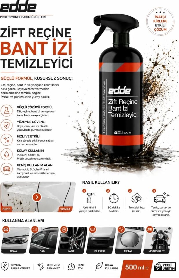 Edde Araba Araç Oto Zift Reçine Böcek Bant İzi Sökücü Temizleyici Temizleme Sprey 500 Ml Oto Detailing