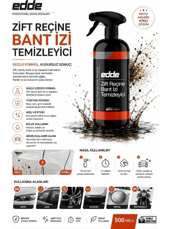 Edde Araba Araç Oto Zift Reçine Böcek Bant İzi Sökücü Temizleyici Temizleme Sprey 500 Ml Oto Detailing