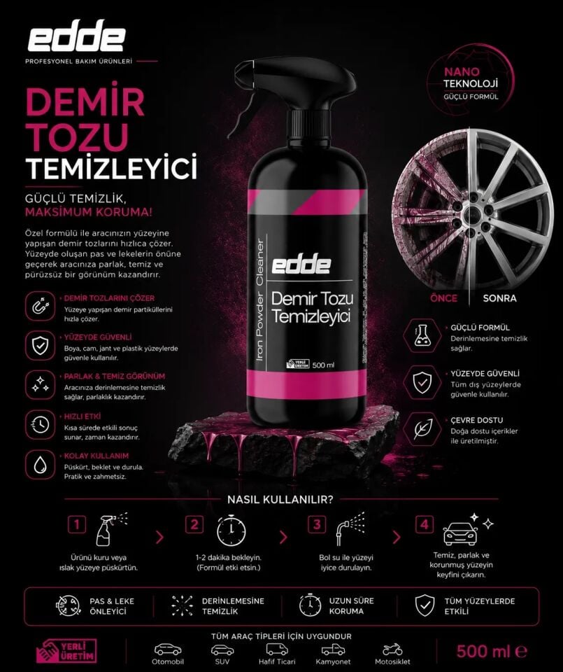 Edde Araba Araç Oto Demir Tozu Sökücü Temizleyici Demir Tozu Temizleme 500 Ml Oto Detailing