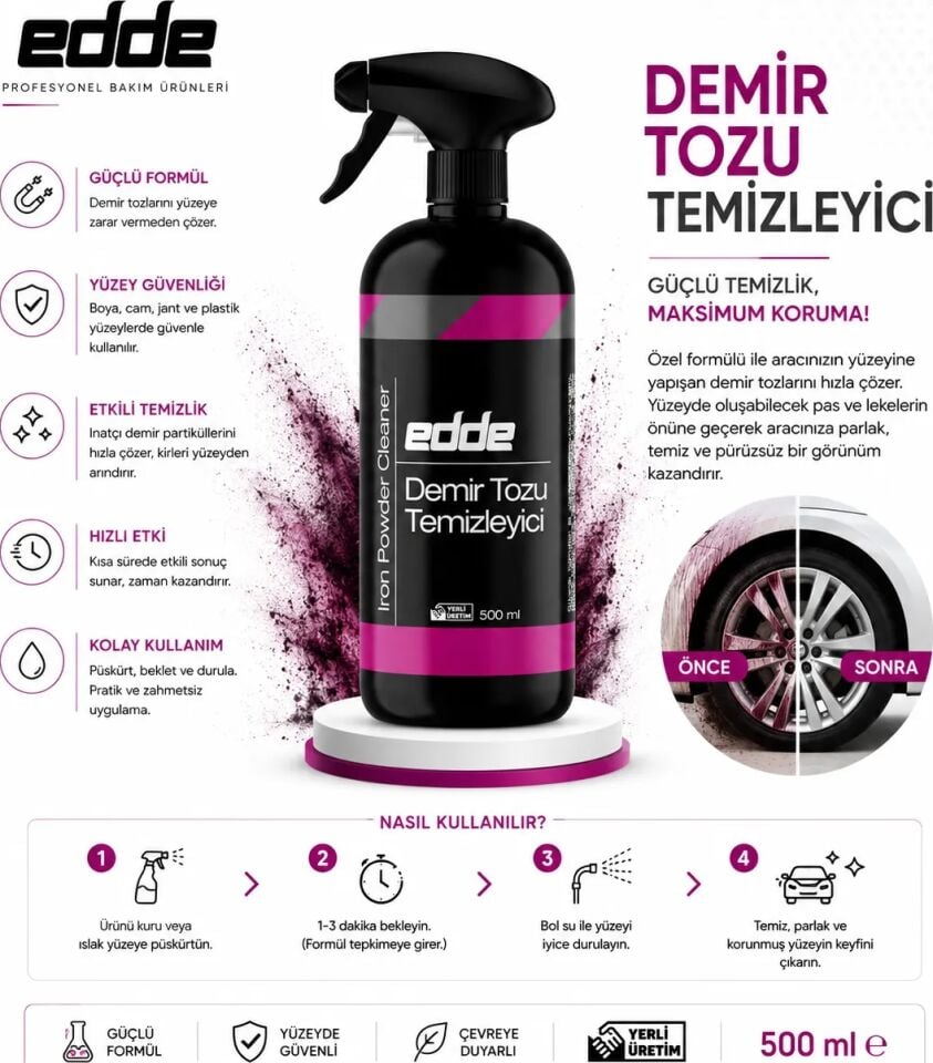 Edde Araba Araç Oto Demir Tozu Sökücü Temizleyici Demir Tozu Temizleme 500 Ml Oto Detailing