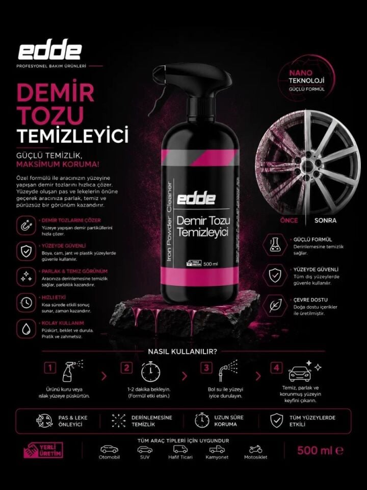 Edde Araba Araç Oto Demir Tozu Sökücü Temizleyici Demir Tozu Temizleme 500 Ml Oto Detailing