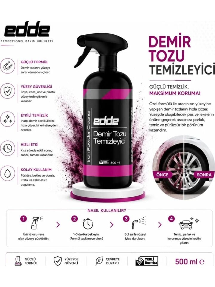 Edde Araba Araç Oto Demir Tozu Sökücü Temizleyici Demir Tozu Temizleme 500 Ml Oto Detailing