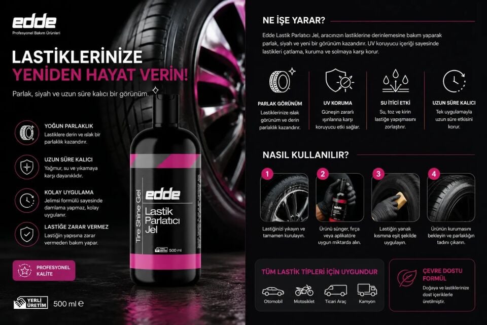 Edde Araba Araç Oto Lastik Parlatıcı Temizleyici Jel Lastik Temizleme Jeli 500 Ml Oto Detailing