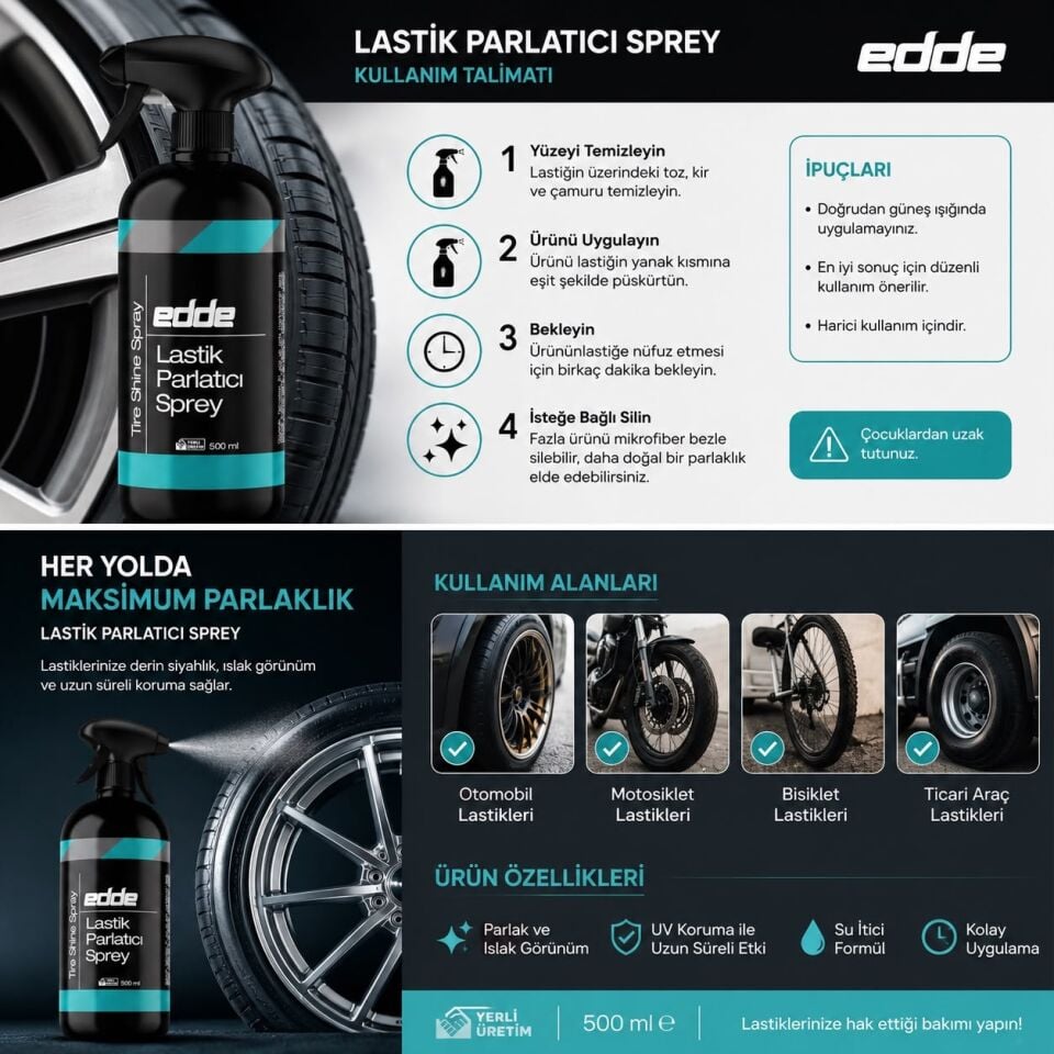 Edde Araba Araç Oto Lastik Parlatıcı Temizleyici Sıvı Lastik Temizleme 500 Ml Oto Detailing