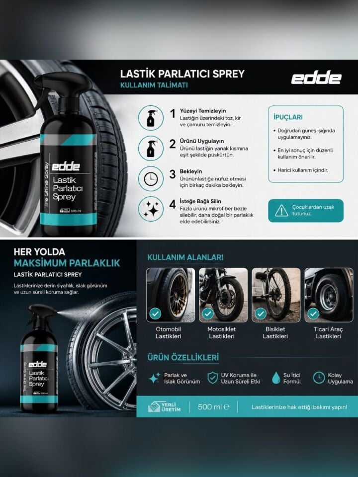 Edde Araba Araç Oto Lastik Parlatıcı Temizleyici Sıvı Lastik Temizleme 500 Ml Oto Detailing