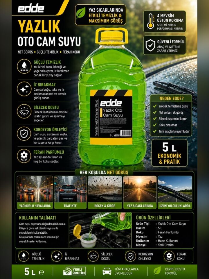Edde Yazlık Parfümlü Oto Cam Suyu 5l Araba Araç Oto Yazlık Silecek Suyu