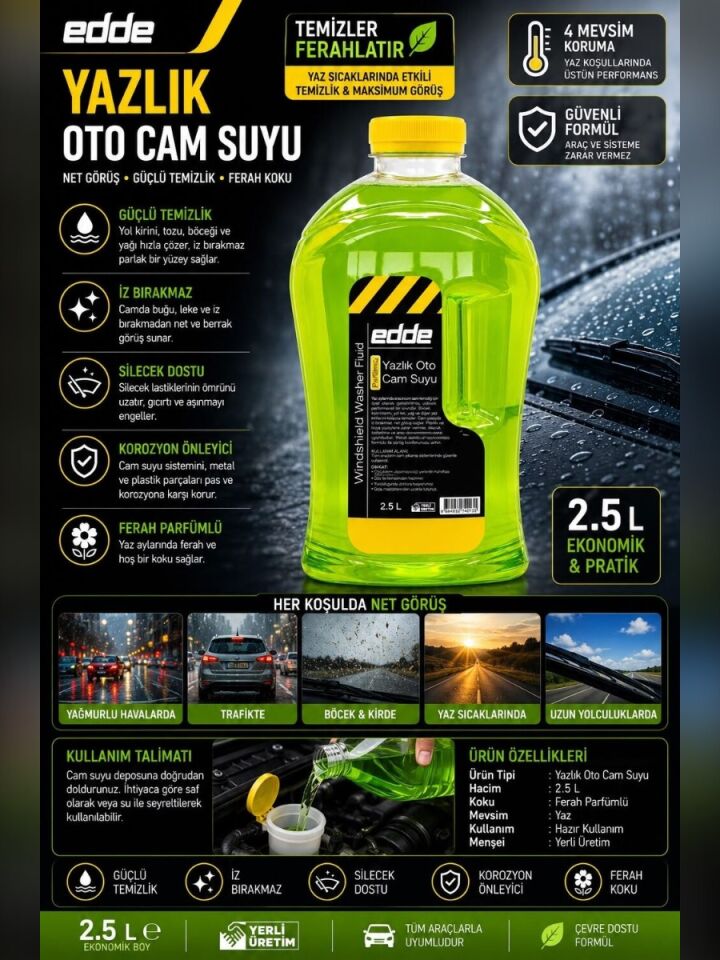 Edde Yazlık Parfümlü Oto Cam Suyu 2,5l Araba Araç Oto Yazlık Silecek Suyu